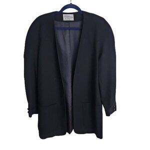 Vintage Paul Stanley Black Pure Wool 90s Collarless Long Lines Blazer Size 6